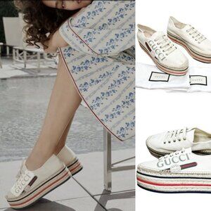 NIB Gucci Women's Platform Espadrilles with logo In White Size 38.5